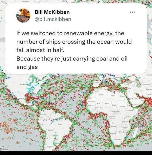 40% of global ship traffic is simply moving fossil fuels around! Renewables make much of this traffic obsolete