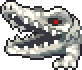 An image of a the head and foreleg of a cave crocodile: A huge, predatory reptile with pale, colorless scales and red eyes.