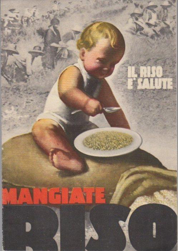 A poster of a blond haired child sitting on a rice bag eating rice telling the reader to eat rice 