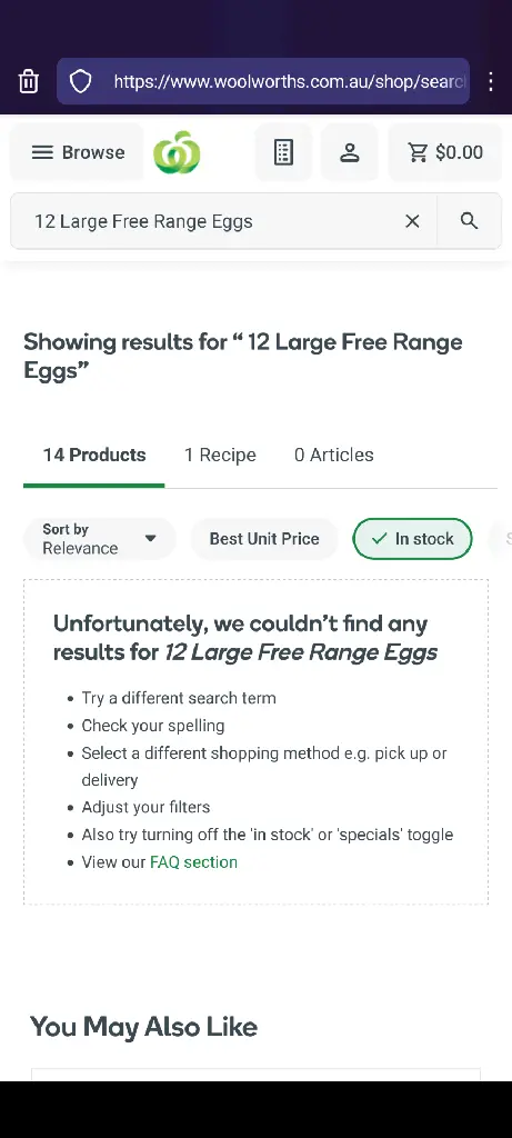 Screenshot of a search for eggs at the largest supermarket in Australia showing none in stock.