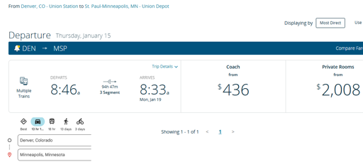An Amtrak ticket from Denver to Minneapolis, a 13 hour drive. The train ride lasts 94 hours and costs $436 for a coach seat or $2008 for a sleeper cabin