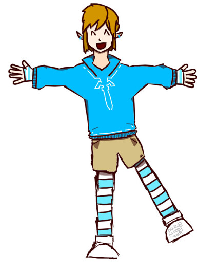 a modern femboy interpretation of Link wearing hoodie inspired by the Champion's Tunic, cream shorts, striped light blue and white thighhigh socks and arm warmers, with white shoes. his arms are spread out and one leg is off the ground. he has a very joyous expression. his left shoe has my watermark leading to my mastodon account, ollie@floofy.tech