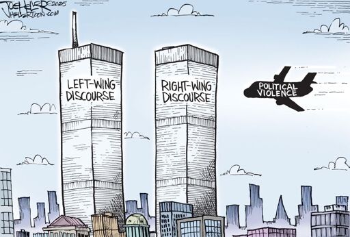 Political cartoon of a plane labeled "political violence" fying towards the twin towers labeled left-wing and right-wing discourse, respectively