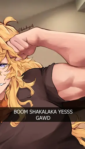 Art of Yang close up to the camera flexing her muscular left arm with the text overliad: "BOOM SHAKALAKA YESS GAWD".