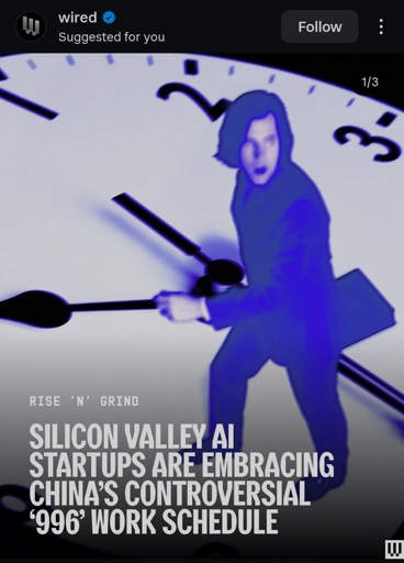 News article with headline "Silicon Valley AI startups are embracing China's controversial 996 work schedule"