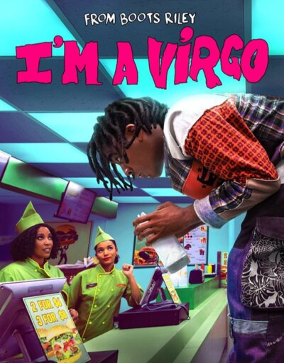 Promotional poster for the tv show I'm a Virgo, shows the character Cootie leaning over a fast food counter, comicly