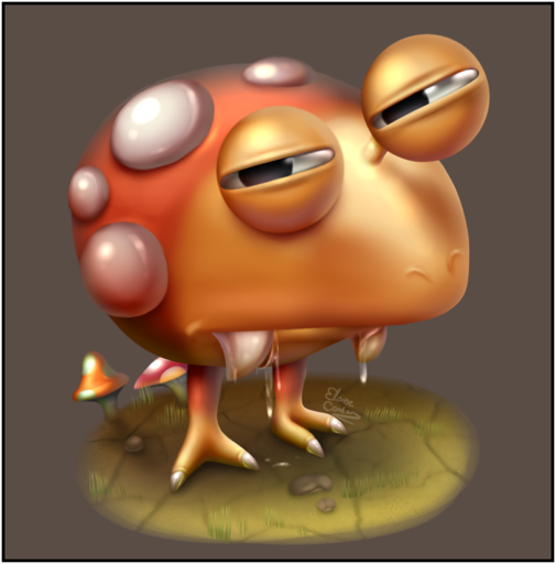 A bulborb enemy from the Pikmin series. He has a very judgemental expression and there's a little background with some pebbles, grass, and mushrooms