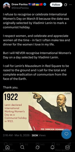 Drew is now against international womens day