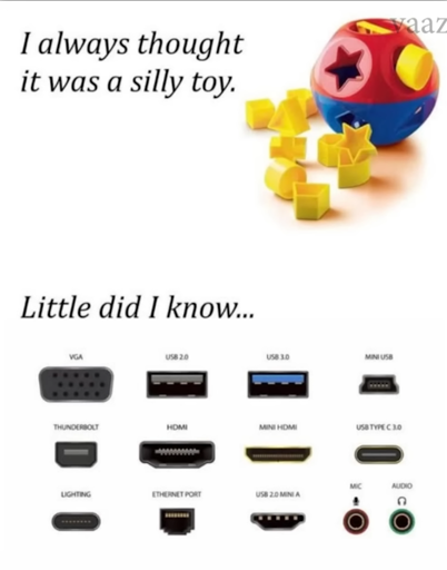 "I always thought it was a silly toy." (Image of a ball with various shapes and plastic shapes to put into the correct hole.) "Little did I know..." (Picture of several plug types such as VGA, USB 2.0, Ethernet Port, etc.)