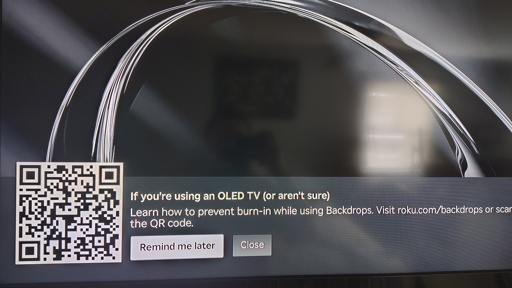 QR code for Roku Burn In prevention, displayed in high contrast black and white over screen saver.