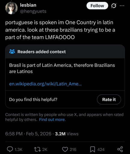 Tweet that says: portuguese is spoken im One Country in latin america. look at these brazilians trying to be a part of the team LMFAOOOO