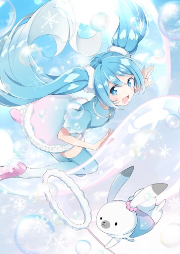 a drawing of Snow Miku 2023 in a big soap bubble in the sky; she's watching little Rabbit Yukine flying next to her with a large bubble wand out making another bubble