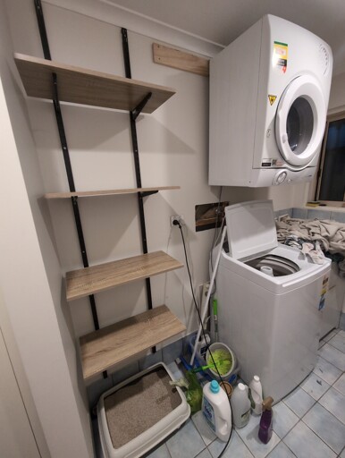 Finally put up some shelving and wall mounted the dryer after living here for 5ish years. 