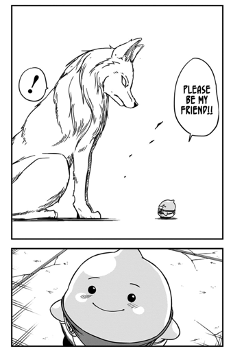 Slime asking a wolf "Please be my friend." from manga "Slime Life"