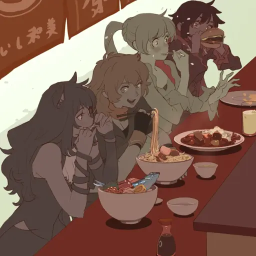 Art of the RWBY girls sitting at a food kiosk eating various meals. 