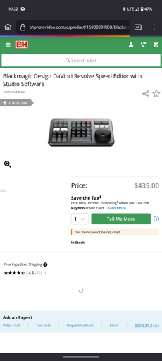 B&H Photo listing for a video editing control panel; no option to just add the item to cart.