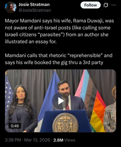 Mayor Mamdani apologizing to zionists for his wife's likes on twitter 