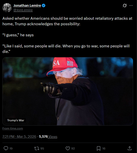 Asked whether Americans should be worried about retaliatory attacks at home, Trump acknowledges the possibility:  “I guess,” he says