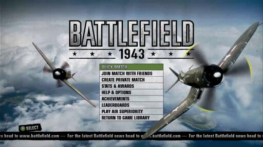 A screenshot of the start screen from the now defunct video game Battlefield 1943. 