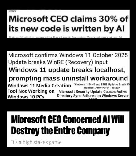 "Microsoft CEO claims 30% of its new code is written by AI" "Microsoft confirms Windows 11 update breaks recovery mode input" "Windows 11 update breaks localhost" "Windows 11 Media Creation Tool Not Working" "Microsoft CEO Concerned AI Will Destroy the Entire Company"