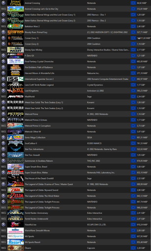 40 Nintendo Wii and GameCube games, listed in the Dolphin emulator.