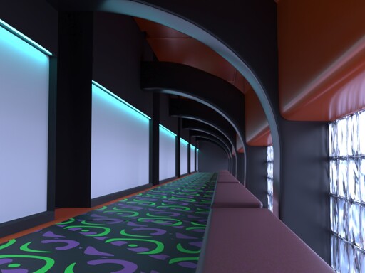 Looking down a hall way with some pattern floor that could be from the 90s. while on the right is a wall of glass blocks with sun light coming through and the left is white blank spots with blue lights.