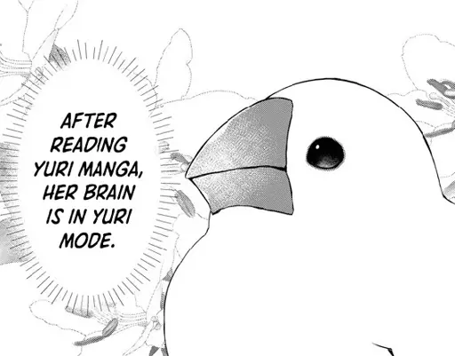 Crop of a panel from Yuri Yuri Panic showing a little white bird with the caption: "After reading yuri manga, her brain is in yuri mode."