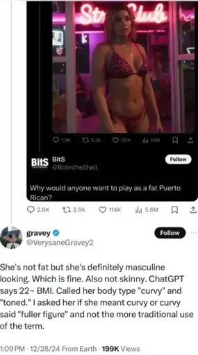 Screenshot of a reply on Twitter to a screenshot of Twitter. The inside screenshot shows a woman in a bikini from the GTA 6 trailer. The reply in the outer screenshot reads: "She's not fat but she's definitely masculine looking. Which is fine. Also not skinny. ChatGPT says 22~ BMI. Called her body type 'curvy' and 'tonned'. I asked her if she meant curvy or curvy said 'fuller figure' and not the more traditional use of the term."
