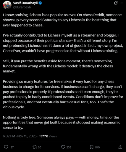 Whiny "entrepreneur" attempts to find fault with LiChess, one of the most popular chess websites in the world, because it was founded by a French communist (Thibault Duplessis) and is completely free