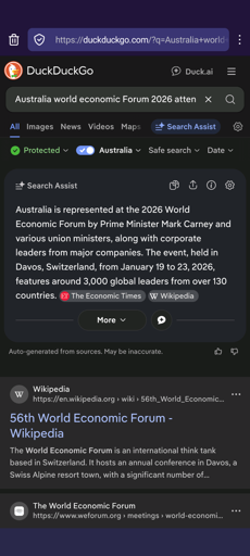 A screenshot of a DDG search for a list of Australian attendees to the World Economic Forum showing that Australia was represented by Mark Carney, the Prime Minister of Australia .. apparently.