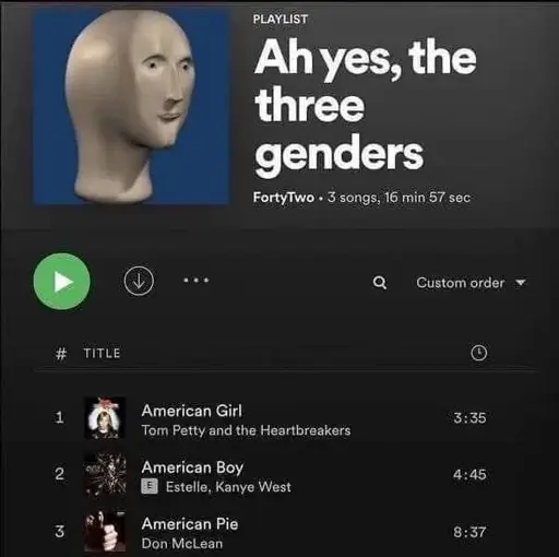 Playlist with the name "Ah yes, the three genders" containing the songs "American Girl", "American Boy" and "American Pie"