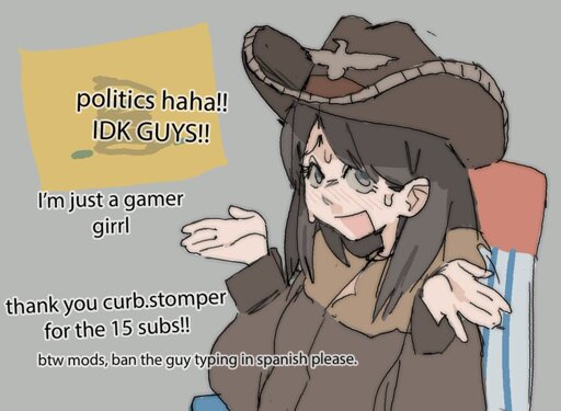 Streamer: "politics, hahah!!, IDK guys!! Im just a gamer girl. Thank curb.stomper for the 15 subs, btw mods, ban this guy for typing in spanish please
