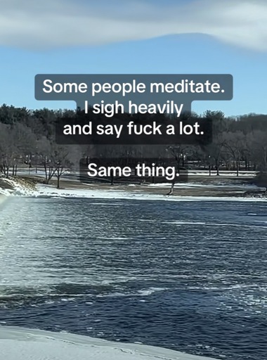 Picture of a lake with the caption “Some people meditate.
I sigh heavily
and say fuck a lot.
Same thing.”