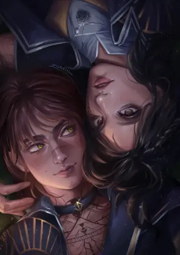 Lune and Sciel lying in opposite directions so their heads are next to, but upside-down to each other.