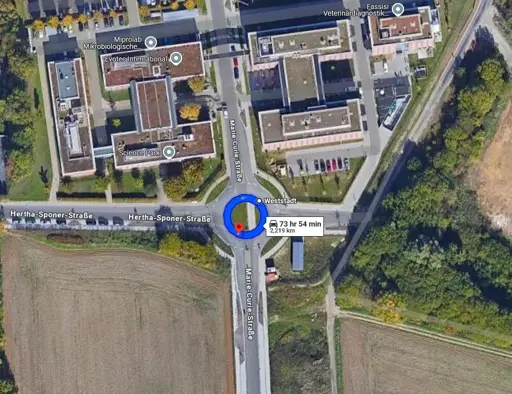 Google maps overhead view of a small roundabout with a 74 hour loop around it.