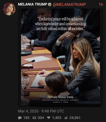 tweet from M Trump, text over photo, "Enduring peace will be achieved when knowledge and understanding are fully valued within all societies" - Melania Trump at the UNSC