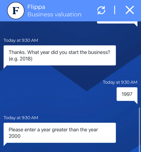 Screenshot of domain valuation tool. It asks for the year the business was started, then rejects years older than 2000. 