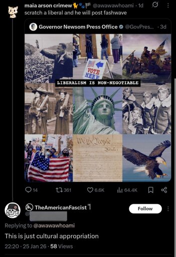 Maia Arson Crimew posts " scratch a liberal and he will post fashwave" in response to an image that says "Liberalism is non-negotiable" over a series of images of american symbolism (Like the constitution and the statue of liberty). A person worh the username "TheAmericanfascist" responds "This isnjust cultural appropriation"