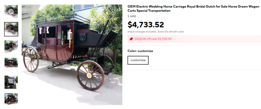 An AliExpress advertisement for a $4733.52 electric carriage styled after 18th-19th century models. 