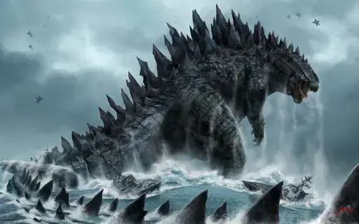 A painting of Godzilla, a titanic kaiju, rising out of a storm tossed blue-grey sea. A naval ship is struggling in the churning waves below the titan’s front legs. The serated top of the titan’s tail wraps around the left side of the field of view and into the foreground. A painting of Godzilla, a titanic kaiju, rising out of a storm tossed blue-grey sea. A naval ship is struggling in the churning waves below the titan’s front legs. The serated top of the titan’s tail wraps around the left side of the field of view and into the foreground.