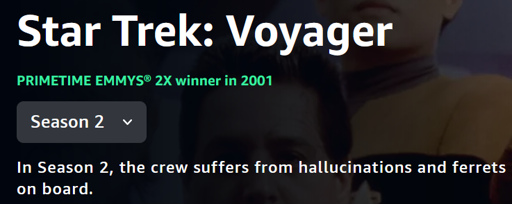 The description of Star Trek: Voyager season 2 on Paramount plus. Part of the description has been truncated to create a new sentence. It reads "In Season 2, the crew suffers from hallucinations and ferrets on board." The original sentence ends with "...ferrets out a traitor on board."